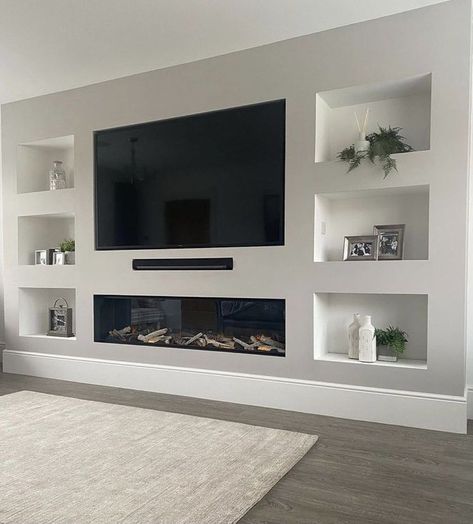 Tv Mounted, Feature Wall Living Room, Built In Shelves Living Room, Living Room Wall Units, Desain Furnitur Modern, Living Room Decor Fireplace, Living Room Design Inspiration, Living Room Design Decor, Home Design Living Room