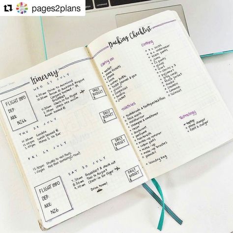 Ooh this is a pretty good way to plan for a trip! You've got your itinerary your packing list the days planned out and even a little section for daily budgets! Loving the double lines and simplicity with a touch of color in this travel collection  Credit to Natalie  @pages2plans for this awesome collection! #bulletjournal Bullet Journal Voyage, Bullet Journal Budget, Bullet Journal Travel, Travel Crafts, Bujo Inspiration, Bullet Journal Spread, Bullet Journal Inspo, Bullet Journal Layout, Diy Planner