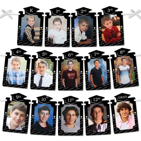 "Graduation Cheers Photo Banner: -Includes 14 Photo Holders Size 5.5\" Length by 8.75\" Height -Each Photo Holder has 2 Slots to String Ribbon and 4 Pre-Cut Corner Tabs to Insert Photos -Each Photo Holder Tabs Fit One 4x6 Photo Vertically -Professionally Printed on Sturdy Cardstock Paper -Included Ribbon Measures 24' long and 3/8\" wide -Some Assembly Required Hanging a Graduation Cheers Photo Banner will be the perfect addition to your graduation party decorations. This DIY Picture Banner is a Diy Graduation Party Decor, School Pictures Display, Diy Graduation Party, Boys Graduation Party, Graduation Photo Banner, Graduation Party Pictures, High School Graduation Party Decorations, K 12 School, Senior Graduation Party