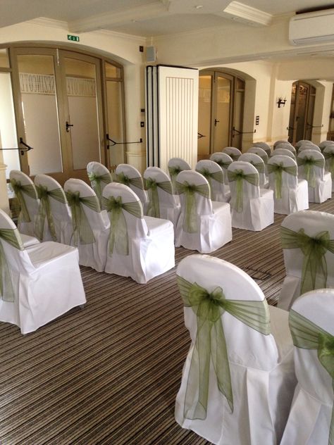 Chair covers with sage green sashes Sage Green And White Dress, Sage Green Birthday Card Ideas, Sage Green Quinceanera Table Decor, Green Chair Sash Wedding, Sage Green Wedding Chairs, Sage Green Chair Sash, Quince Chair Decorations, Wedding Themes Sage Green, Quince Decorations Sage Green