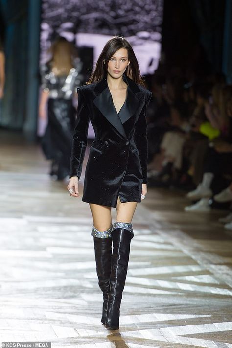 Bella Hadid bemoans having a '101 fever is not cute' before powering through for PFW shows Bela Hadid, Black Dinner, High Fever, Bella Hadid Style, Tuxedo Dress, Model Look, Sleek Fashion, Sequin Mini Dress, Runway Models