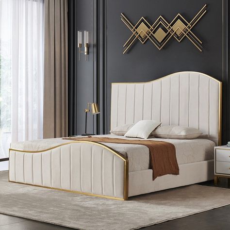 Upholstered in plush velvet, our luxurious bed is the best choice for your classy life. Cream And Gold Bed Frame, Gold Bed Frame, Headboard Platform Bed, Black Queen Bed, Bed Velvet, Bed Frames For Sale, Grey Bed Frame, High Headboard, Fabric Bed Frame