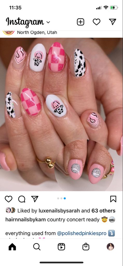 Shania Twain Concert Nails, Pink Cowgirl Aesthetic Nails, Fun Nashville Nails, Preppy Cowgirl Nails, Pink Maximalist Nails, Country Fest Nails, Cowboy Boot Nail Art, Farm Theme Nails, Shania Twain Nails Ideas