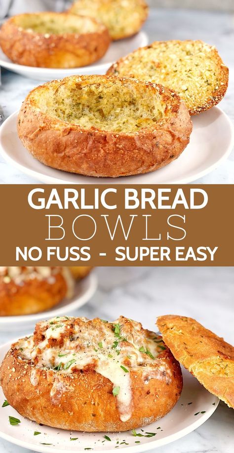 Bread Bowl Recipe - the easy way! Turn store-bought bread rolls, into crunchy garlic bread bowls! This easy recipe will show you how to make a bread bowl, and not just any bread bowl - garlic bread bowls! #chefnotrequired #breadbowls #garlicbread #quickrecipes Essen, Bread Bowls For Soup Easy, Souper Bowl Luncheon, Bread Bowls For Soup, Bread Bowl Soup, Savoury Scones, Crunchy Garlic, Homemade Bread Bowls, Bread Bowl Recipe