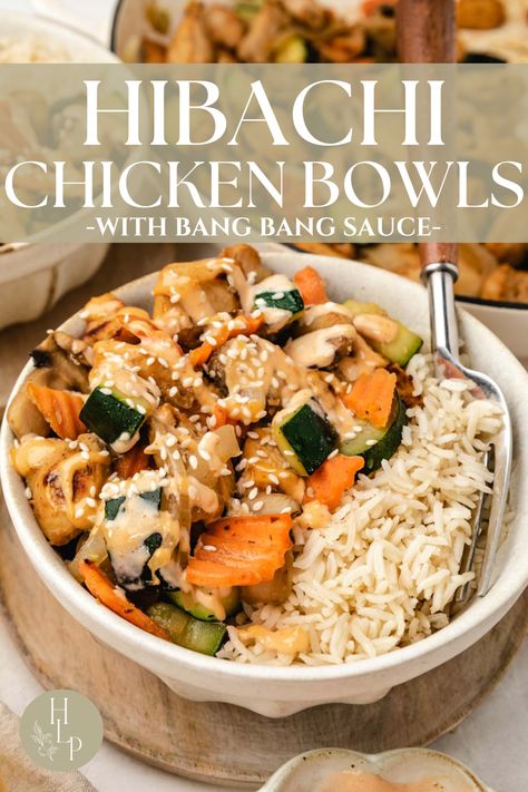 How to make Hibachi at home with this easy hibachi recipe! Turn your home kitchen into a Japanese steakhouse with delicious hibachi bowls filled with rice, chicken, veggies, and homemade yum yum sauce. An easy 30-minute weeknight meal. Healthy Little Peach Hibachi Chicken, Quick Easy Dinner For Two Healthy, Hibachi Rice Bowl, Easy Meals For Four, Easy Healthy Dinners For One, Chicken Rice Bowl Sauce, Chicken Hibachi Bowl, Hibachi Chicken Bowl Recipe, Quick Chicken Meal Prep