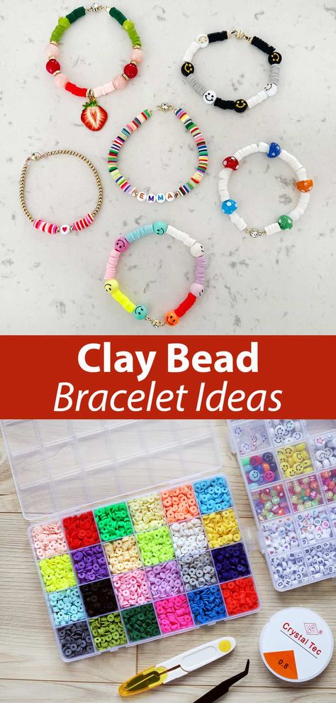 Clay Bead Bracelet - Ideas - A Beautiful Mess Diy Bracelets Step By Step, Clay Bead Designs, Ideas For Clay, Bracelets At Home, Bead Bracelet Diy, Clay Bead Bracelet Ideas, Bead Bracelet Ideas, Beaded Bracelet Diy