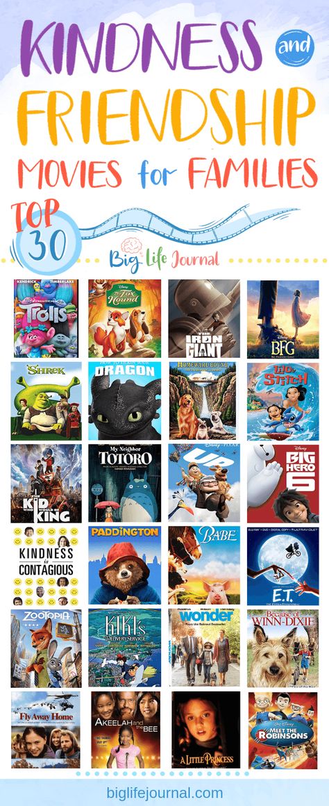 Top 30 Kindness and Friendship Movies for Families – Big Life Journal Films For Family, Summer Movies For Kids, Family Night Movies, Educational Movies For Kids, Christian Movies For Kids, Wholesome Family Movies, Movies About Friendship, Good Family Movies, 90s Family Movies