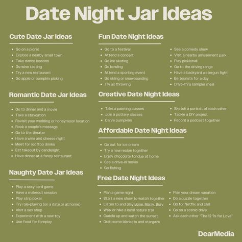 Looking for fresh date night inspiration? Look no further! Our date night jar is packed with 55 exciting ideas to ignite the spark in your relationship. From spontaneous picnics to DIY projects, there's something for every couple to enjoy. Let the adventure begin! #DateNightInspo #RelationshipGoals #DearMedia Date Idea Box Diy, Diy Date Box Ideas, Newlywed Date Night Ideas, Nighttime Date Ideas, Activity Jar For Couples, Couples Jar Ideas, Date Night Bedroom Ideas, New Date Ideas, Exciting Date Ideas