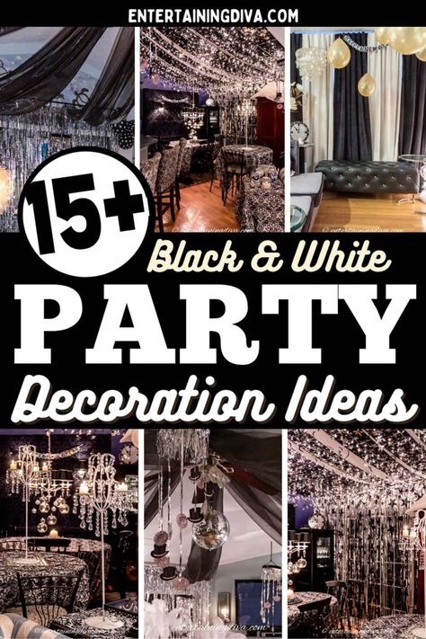 Throw a chic and stylish black and white themed party with these black and white party decor decorations, food, and drink ideas. Black Themed Birthday Party, Black And White Party Ideas, Black And White Themed Party, New Year Party Ideas, White Party Ideas, White Themed Party, White Party Decor, Black And White Party Decorations, Monochrome Party