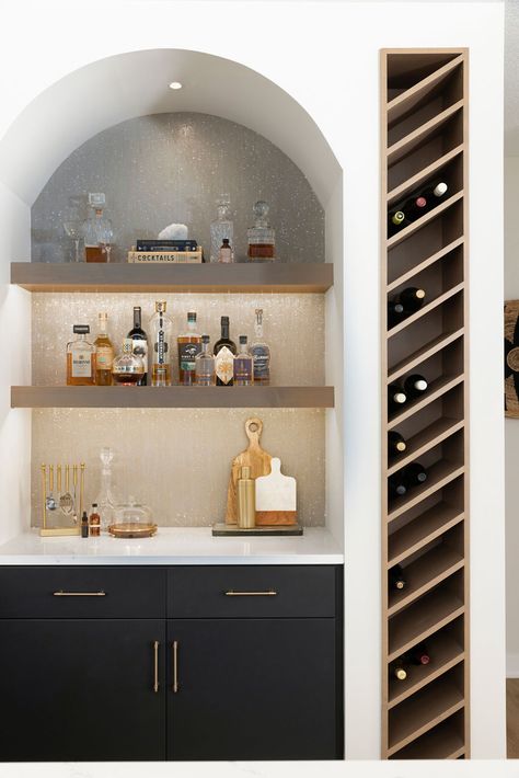 Tailored Boho Lower Level Finish | Eden Prairie, MN | Che Bella Interiors Drinks Fridge, Lower Level Bar, Charcoal Paint, Beverage Center, Contemporary Boho, Black Kitchen Cabinets, Design Remodel, Black Kitchen, Interiors Design