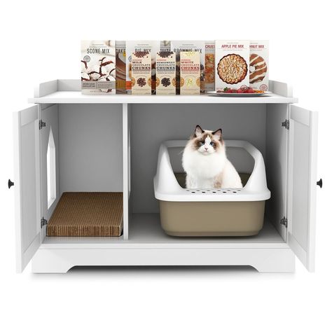 The large condo provides cats a safe and private space for potty or rest Can be used as the cat litter box enclosure, cat house, side table, and nightstand The large tabletop allows you to store various cat daily supplies or display ornaments Features A Private & Warm House for Your Lovely Cat! Our stylish modern cat furniture cabinet features a chic all-white appearance and clear lines, which can not only be a practical cat washroom to hide cat litter boxes, but also can be a perfect addition t Hidden Laundry Rooms, Hiding Cat Litter Box, Display Ornaments, Liter Box, Wooden Cat House, Cat Litter Box Enclosure, Side Entrance, Modern Cat Furniture, Litter Box Enclosure