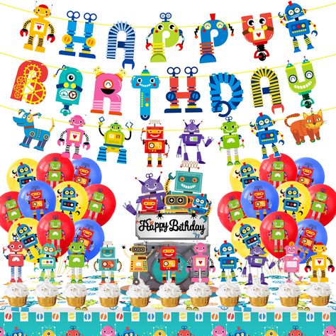 PRICES MAY VARY. 【ALL-IN-ONE robot birthday party decorations】You will receive: 1* robot banner with "HAPPY BIRTHDAY", 1* robot image garland, 1* robot table cover, 1* robot cake topper, 36* robot cupcake toppers and 12* robot latex balloons. Complete decoration set saves much your time and energy to match up all the decorative details for your party. 【No DIY Needed for gear robot party supplies】The robot birthday banner and robot garland are pre-strung and you can freely adjust the space of eac Robot Birthday Party Decorations, Robot Cupcakes, Birthday For Boys, Robot Cake, Robot Decorations, Robot Birthday Party, Boy Birthday Decorations, Robot Party, Third Birthday