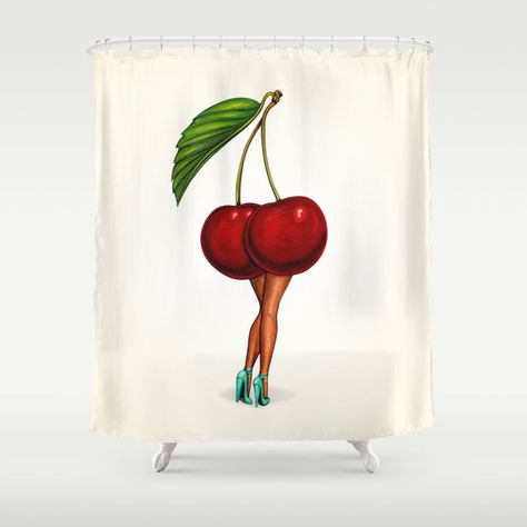 Girl Shower Curtain, Red Bathroom Decor, Cherry Girl, Girls Shower Curtain, Dorm Bathroom, Bathroom Themes, Bathroom Red, Shower Curtain Bathroom, Bathroom Curtain