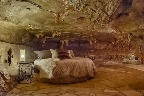 Beckham Creek Cave Lodge | 13 Places In Arkansas That Are Made Of Dreams Cave House Aesthetic, Underground Hideout, Cave Architecture, Cave Houses, Ornate Bed, Arkansas History, Arkansas Road Trip, Arkansas Vacations, Unique Vacation Rentals