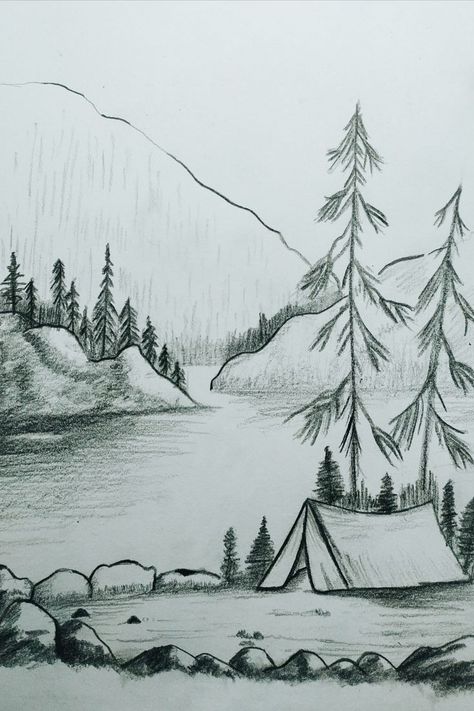 Nature Drawing Pencil Shading, Easy Landscaping Drawing, Easy Sketches Of Nature, Sketches Scenery Landscapes, Pencil Sketch Scenery Nature, Landscape Sketch Pencil Nature Easy, Pencil Drawing Scenery Nature, Easy Sketches Nature, Drawing Ideas Scenery Easy