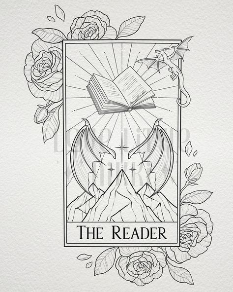 The Reader 📖🥀 this bookish tarot card is for the lovely Jessica who has an undying adoration for books & fantasy 🖤 the piece spans multiple series but you can tell what their favorites might be! #bookish #tarottattoo #acotar The Reader Tattoo Tarot, Acotar Tarot Card Tattoo, Bookish Tattoos Dragon, Acotar Tarot Tattoo, Curse Breaker Tattoo, Acotar Tarot Cards, Court Of Thrones And Roses Tattoo, Book And Dragon Tattoo Ideas, Acotar Tog Crescent City Tattoo