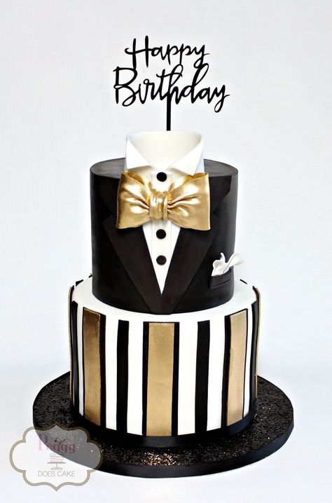 Black tie cake for a gentleman's birthday. #peggydoescake #formalcake #mansformalcake #mensformalcake #blacktieaffaircake #tuxedocake #blacktuxcake #tuxcake #gentlemanscake #formalaffaircake #blackandgoldcake #goldandblackcake #mansformalcake #husbandcake #dadcake Black Tie Cake, Gentleman Cake, Mama Cake, 50th Birthday Cakes For Men, Fashionista Cake, Tie Cake, Mary Cake, Cake Designs For Boy, Peggy Lee