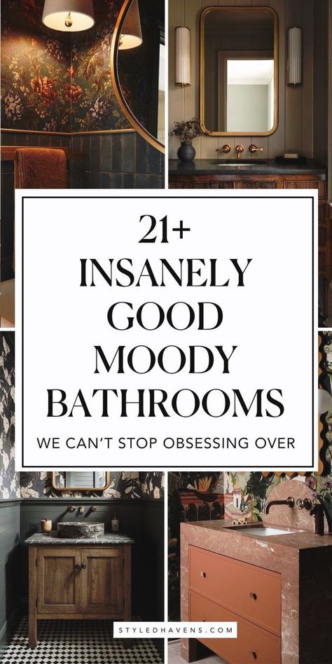 Searching for the best moody bathroom inspo? It's no secret moody bathrooms are trending for 2025 - the deep, jewel tones and rich character are all over the world of modern bathroom design. If you love a good dark bathroom style, these hand-picked bathrooms are for you - including ideas for bathroom decor! (Save to your bathroom interior design board for later!) Dark Powder Room Ideas, Moody Bathrooms, Dark Moody Bathroom, Ideas For Bathroom Decor, Moody Bathroom Ideas, Small Dark Bathroom, Cozy Bathroom Ideas, Powder Bathroom Ideas, Taupe Bathroom