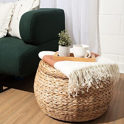 Rochelle Stewart's Amazon Page Round Wicker Ottoman, Pouf Ottoman Living Room Ideas, Wicker Storage Ottoman, Boho Ottoman, Wicker Stool, Banana Fiber, Wicker Ottoman, Wicker Coffee Table, Beachy Room