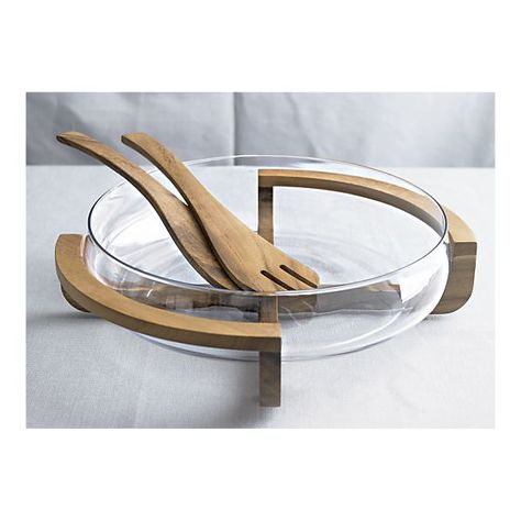 glass and wood salad bowl from Crate and Barrel (of course) Modern Serving Dishes, Glass Salad Bowl, Kitchen Equipment Storage, Salad Utensils, Accessories For Kitchen, Small Bedroom Decor Ideas, Kitchen Decor Collections, Wood Salad Bowls, Aesthetic Kitchen