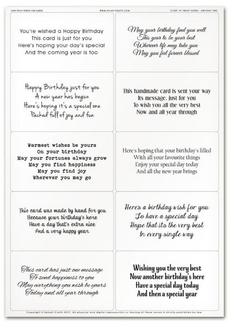 Easy Peely Verses for Cards - Short 'n' Sweet Birthday Sheet 2 Wedding Anniversary Surprise Ideas, Anniversary Surprise Ideas, Happy Birthday Verses, Greeting Card Sentiments, Birthday Verses For Cards, Surprise Ideas, Birthday Verses, Birthday Card Messages, Anniversary Surprise