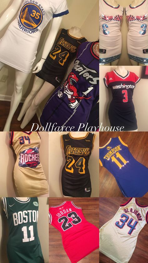 My Jersey Dresses are actually made into a dress. They are not oversized jerseys that look like a dress. They are made in any size, team, player and color. Measurements are welcome! They are CUSTOM Jersey Dresses and you have a option to add bling and switch up the style.🏀 www.DollfaycePlayhouse.com