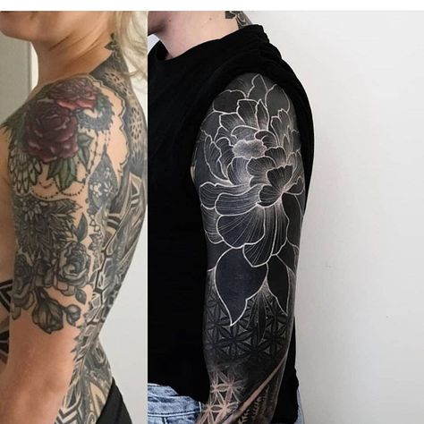 Blacked Out Tattoo Cover Up, White Over Black Tattoo, Arm Cover Up Tattoos, Tatuaje Cover Up, Black Sleeve Tattoo, Cover Up Tattoos For Women, Pola Tato, All Black Tattoos, Black Art Tattoo