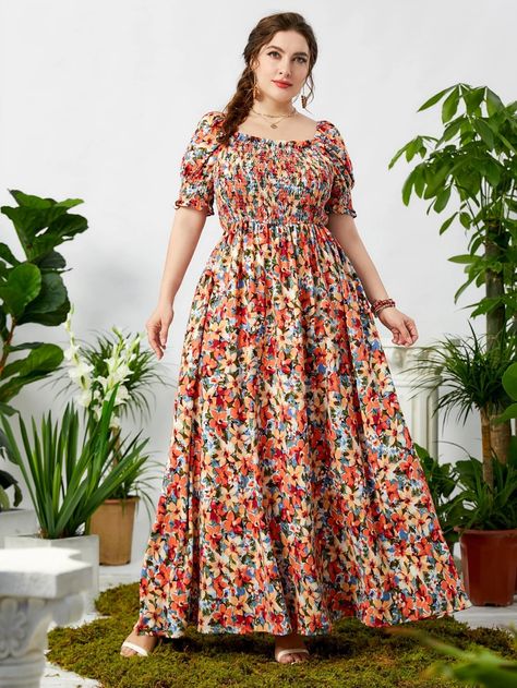 Plus Allover Floral Print Shirred Frill Trim Puff Sleeve Dress | SHEIN USA 70s Fashion Women, Dresses Casual Boho, Smocked Maxi Dress, Boho Plus Size, Plus Size Boho, Boho Layering, Long Frocks, Plus Size Floral, Floral Short