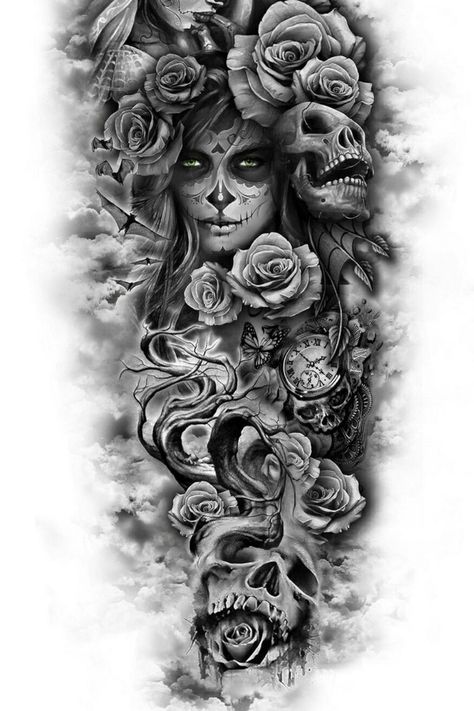 La Muerte Tattoo, Hirsch Tattoo, Skull Rose Tattoos, Catrina Tattoo, Full Leg Tattoos, Skull Sleeve Tattoos, Full Sleeve Tattoo Design, Custom Temporary Tattoos, Cool Chest Tattoos