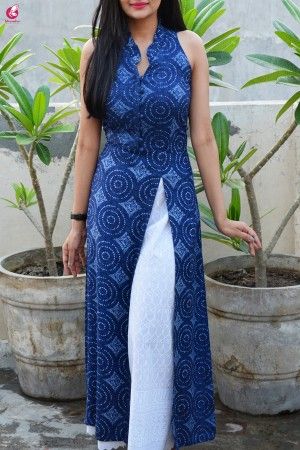 Buy Blue Printed Cotton Kurti with Lakhnawi Palazzo Online in India | Colorauction Silk Kurti Designs, Stylish Kurtis Design, Indian Kurti Designs, Simple Kurta Designs, Gaun Fashion, Simple Kurti Designs, Designer Kurti Patterns, Kurti Designs Latest, Long Kurti Designs