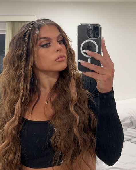 rhinestone, crystals, braids, hairstyle, hair inspo, festival hair, brunette, wavy, crimped, extensions Wavy Hair Plait, Festival Wavy Hair, Crimped Hairstyles Long, Crimped Hair And Braids, Wedding Hairstyles Crimped, Crimped Hoco Hair, Crimped Concert Hair, Hair Down Small Braid, Messy Hair With Braids