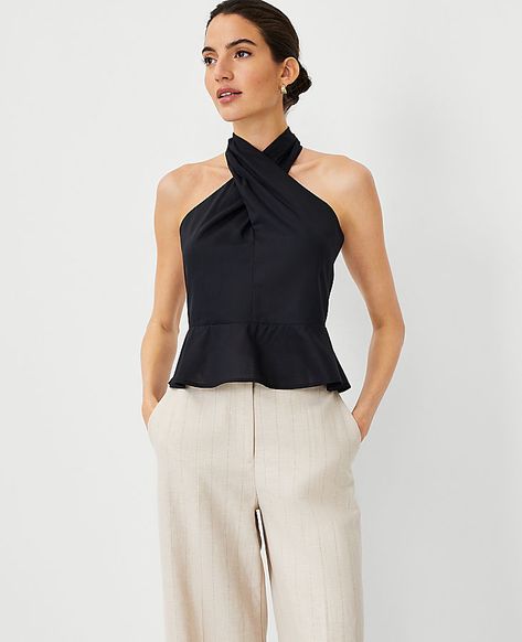 Styled with a flattering crossover front, our peplum halter top is a go-to you'll wear all season long. Front crossover straps. Sleeveless. Peplum hem. Hidden back zipper with hook-and-eye closure. Lined body.,Imported:Imported,Fit:Waist-defining: feminine and flattering,Length:19" long,Fabrication:Shell: 72% Lyocell, 28% Cotton; Lining: 100% Cotton,Garment Care:Machine Washable Petite Cross Front Peplum Top by Ann Taylor Size petite - Small Black Women's Halter, Sleeveless, Halter, Tops, Shell 72%, Lyocell, 28%, Cotton Lining 100%, Cotton, Machine, Washable Classic Tops Blouses, How To Style Sleeveless Top, How To Style Peplum Tops, Work Tops For Women Office Style, Black Blouse Outfit, Work Tops For Women, Peplum Outfits, Peplum Top Outfits, High Neck Halter Top