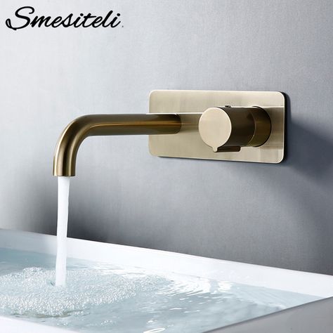 Smesiteli Bathroom Vanity Sink Faucet With Cover Plate Hot And Cold Wall Mount Mixer Tap In Brushed Gold Taps With Knob|Basin Faucets| - AliExpress Couture, Chrome Finishes In Bathroom, Wall Mounted Faucet Bathroom, Gold Faucet Bathroom, Gold Taps, Gold Faucet, Bathroom Faucets Chrome, Door Hardware Interior, Wall Mount Faucet Bathroom