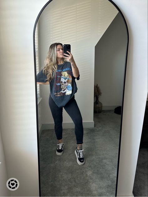 Comfy Vans Outfit, Band Shirt Leggings Outfit, Cool Tshirt Outfits Women, Platform Van Outfits, Vans And Jeans Women, Casual Leggings Outfit Plus Size, Summer Jeans And T Shirt Outfit, Band Shirt And Leggings Outfit, Platform Vans Outfit Spring