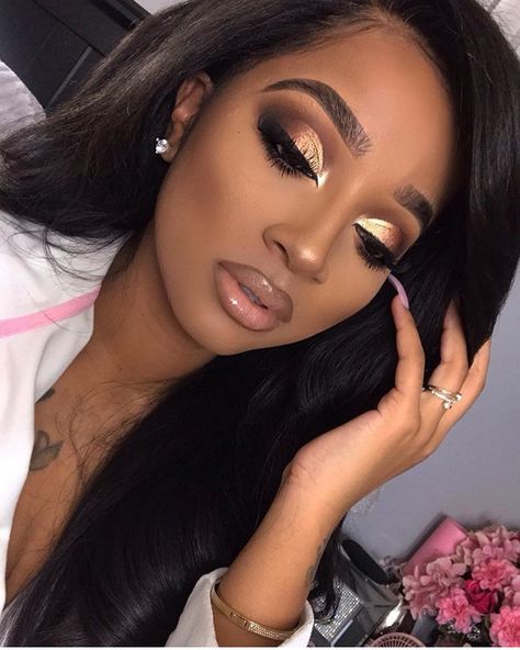 Dreyah! 🎨👗 on Instagram: “Good Morning... may we all have an amazing makeup day. 🥰🙏🏾” Black And Gold Eye Makeup Dark Skin, Makeup Looks For Burnt Orange Dress, Makeup Ideas With Blue Eyeshadow, 40th Birthday Makeup Looks, Kim Kardashian Natural Makeup, Brown Smoky Eyeshadow Black Women, New Years Makeup Ideas Black Women, Stunning Makeup For Brown Eyes, Fall Makeup Looks For Black Women