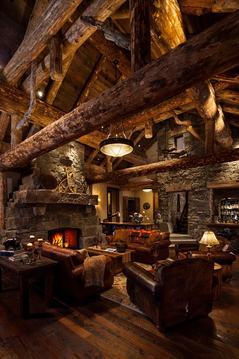 foxtail-residence-big-sky-log-cabin-great-room-2 Cabin Style Living Room, Casa Fantasy, Cabin Living Room, Log Cabin Interior, Rustic Log Cabin, Log Cabin Designs, Cozy Living Spaces, Cabin Interiors, Cabin Living