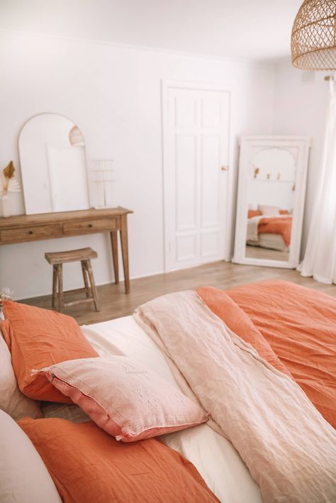 Minimalist Bedroom, Boho Dressing Table, Indian Mirror, Orange Bedding, Cute Dorm Rooms, Room Transformation, Rabbit Hole, Main Bedroom, Cool Rooms