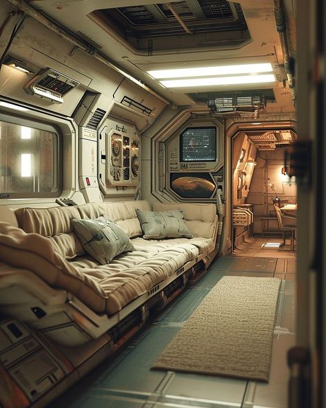 Sci Fi Themed Room, Space Ships Concept Interior, Cozy Spaceship, Scifi Apartment, Spaceship Interior Cockpit, Cyberpunk Room Ideas, Future Sci Fi, Sci Fi Spaceship Interior, Sci Fi Apartment