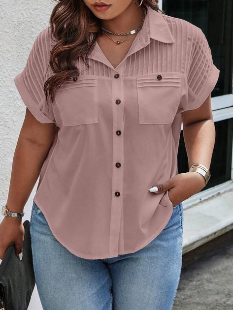 SHEIN LUNE Plus Size Solid Color Buttoned Batwing Sleeve Shirt | SHEIN USA Batwing Sleeve Shirt, Stylish Tops For Women, Fashion Top Outfits, Tops For Women Trendy, Plain Shirt, Trendy Fashion Tops, Plain Shirts, Casual Tops For Women, Stylish Tops