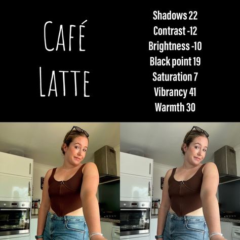 A warm hint of café to your selfies. Filter edit for iOS camera roll. Yellow Filter Camera Roll, Ios Photo Edit Aesthetic, Selfie Filters Camera Roll, Ios Camera Roll Edit, Ios Camera Filter, Filter Iphone Camera Roll, Iphone Filters Photo Editing Camera Roll, Ios Editing Filters, Iphone Presets Camera Roll