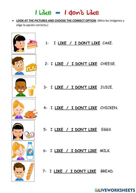 I Like - I don't like Like Dislike Worksheets, I Like I Don't Like Worksheets For Kids, Like Likes Worksheet, Kg2 English Worksheets, Like Don't Like Worksheet, Likes And Dislikes Worksheets, Food Worksheets For Kids, Like And Dislike, Materi Bahasa Inggris