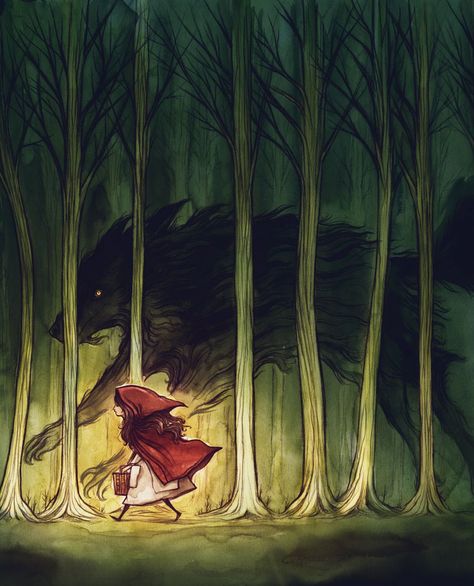 Little Red Riding Hood - By Cory Godbey Red Riding Hood Art, Red Ridding Hood, Wood Illustration, Red Cap, Tree Illustration, Tree Drawing, Arte Fantasy, Folk Tales, Little Red Riding Hood