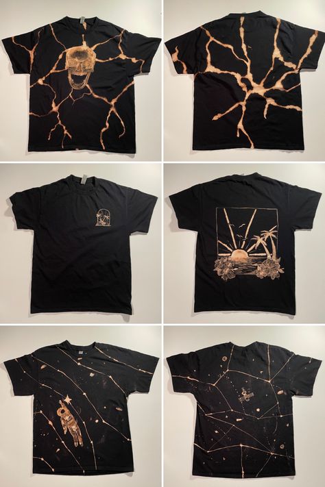 Bleach Art On Black Shirt, Paint With Bleach Hoodie, Bleach On Black Shirt, Bleach Dye Painting, Painting Shirts With Bleach, Alt Bleach Shirt, Black Bleached Shirt Design, Bleach Paint Designs, Bleached Shirt Art