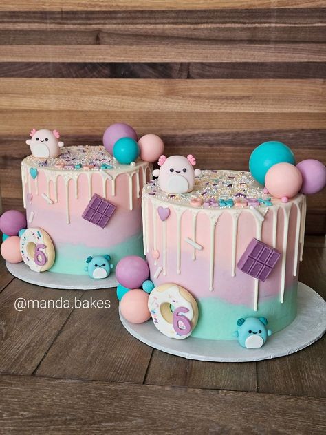 Squishmallow Fondant, Axolotl Cakes Ideas, Squishmallow Birthday Party Centerpiece, Moriah Elizabeth Birthday Cake, Axolotl Birthday Party Cake, Ten Year Old Birthday Cake, Easy Squishmallow Cake, Cakes For 7th Birthday Girl, Squishmallow Birthday Cakes