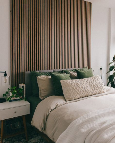 Wood Panel Bedroom, Wall Behind Bed, Monochromatic Living Room, Grey Upholstered Bed, Bench Dimensions, Feature Wall Bedroom, Wood Slat Wall, Mid Century Modern Bedroom, Slatted Headboard