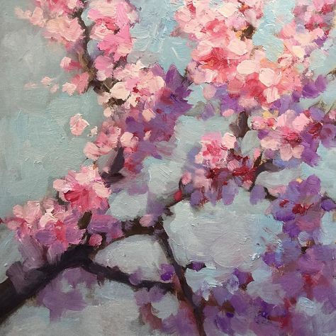 Plein air painting of the spring blossoms in Crozet, Va Blooming Cherry Trees, Cherry Blossom Aesthetic Drawing, Flower Art Painting Oil, Cherry Blossom Artwork, Cherry Blossom Reference, Cherry Blossom Oil Painting, Painting Ideas Cherry Blossom, Aesthetic Painting Flowers, Pretty Flower Paintings