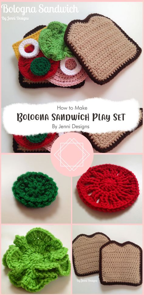 Easy-to-follow patterns for this bologna sandwich play set! This pattern makes a great gift for that little one in your life. It works up quickly and easy to follow. Sandwich Crochet Pattern, Crochet Tomato Slice, Crochet Sandwich Pattern Free, Amigurumi Sandwich, Easy Crochet Food, Crochet Play Sets, Free Crochet Food Patterns, Crochet Play Food Free Pattern, Sandwich Crochet