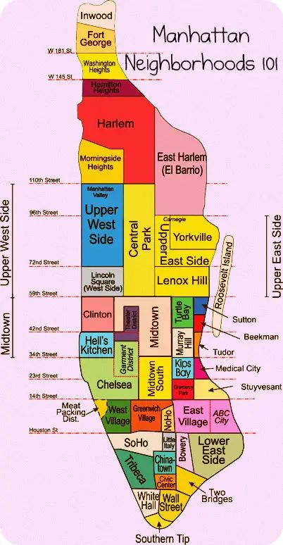 Map of neighborhoods in Manhattan New York Trip Planning, Manhattan Neighborhoods, Ny Map, New York Neighborhoods, Manhattan Map, Nyc Map, New York City Vacation, Roosevelt Island, New York Vacation