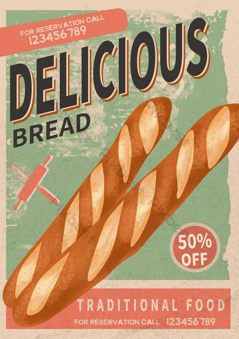 French Bread Illustration, French Poster Design, Bread Shop Logo, Food Vintage Poster, Vintage French Aesthetic, Retro Food Poster, Baking Wallpaper, Cooking Poster, Vintage Food Posters