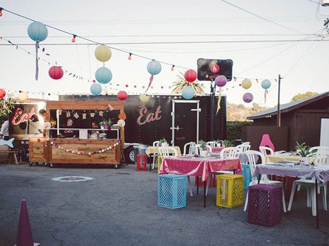 Thai and Korean Street Fair Party by Heirloom LA + Poketo Parking Lot Party Decorations, Parking Lot Wedding Reception, Night Market Themed Party, Parking Lot Party Ideas, Street Fair Decorations, Parking Lot Wedding, Street Fair Ideas, Block Party Decorations, Summer Office Party